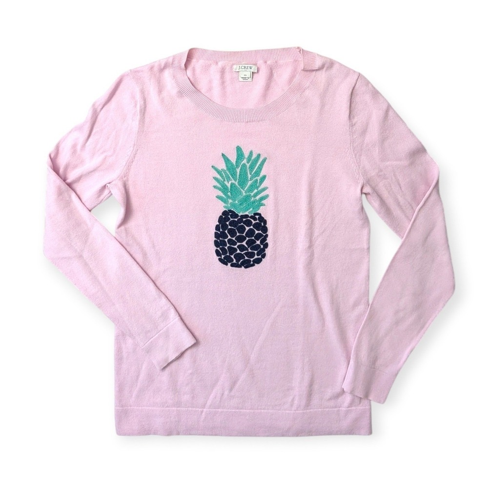 J. Crew Pineapple Teddie Crewneck Sweater Pink Cotton Womens XS Cute Cozy Preppy